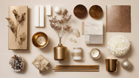 Warm Christmas border featuring gleaming gold stars, glossy red ornaments, and classic presents.の写真素材