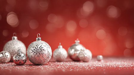 Traditional festive frame with carefully arranged baubles and classic ribbon curls.の写真素材