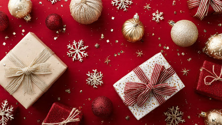 Matte red overhead scene adorned with glittering snow designs.