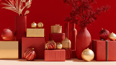 3d render of christmas composition with red gift boxes and golden balls