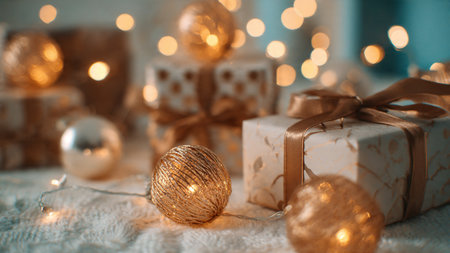 Christmas and New Year gifts on a light background bokeh.