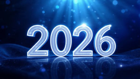Luxury 2026 New Year greeting background with frozen bokeh glow, minimal festive accents.