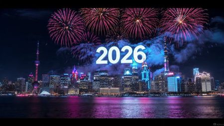 Premium New Year 2026 canvas with elegant silver starlight trails and minimal festive accents.
