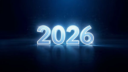 Luxury 2026 New Year scene with smooth glassy reflections and refined white balance.