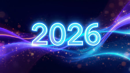 Elegant 2026 premium canvas with silver sparkle trails and soft cool glow.