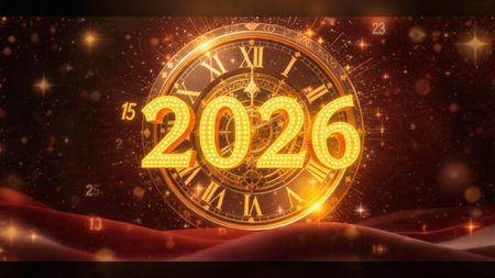 Premium 2026 greeting design with diamond frost spark overlay and minimal shadows.