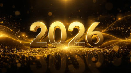 Luxury 2026 celebration canvas with smooth glassy number reflections and cool glow.