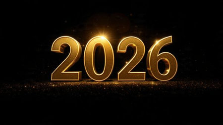 Winter luxury New Year 2026 scene with soft snowfall blur, silver gleam lighting, high-resolution...
