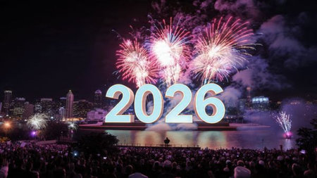 Premium 2026 luxury greeting with silver sparkle trails and cool winter mood, high res.