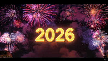 2026 premium winter canvas with smooth silver light trails and subtle sparkle noise.