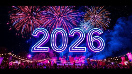 Luxury 2026 winter canvas with crystal-dust particles and clean festive space.