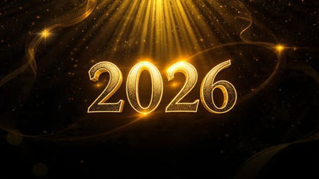 Luxury 2026 winter canvas with crystal-dust particles and clean festive space.