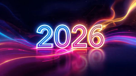 Minimal luxury 2026 New Year composition with gentle glow arc, silver sparkle gradient, clean copy...