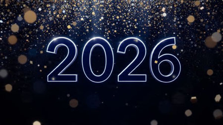 Elegant 2026 New Year design with ice-glass glow and subtle sparkle corners, high res.