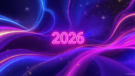 Luxury 2026 holiday greeting with silky cool gradients and crisp copy space.