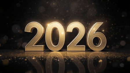 Luxury 2026 celebration canvas with smooth glassy number reflections and cool glow.