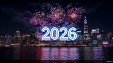 Luxury 2026 winter canvas with crystal-dust particles and clean festive space.