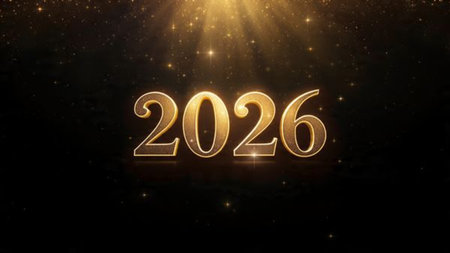 New Year 2026 premium visual with smooth gradient light arcs and soft confetti blur, luxury...