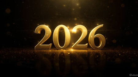 Minimal luxury 2026 New Year composition with gentle glow arc, silver sparkle gradient, clean copy...