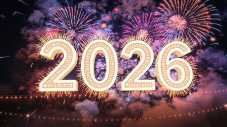 Luxury 2026 New Year visual with smooth silver light trails and clean layout balance.