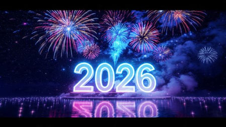 Elegant 2026 premium canvas with silver sparkle trails and soft cool glow.