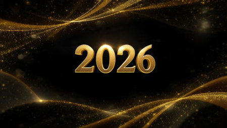 Luxury 2026 greeting with pearl-silver shimmer haze and cool winter illumination.