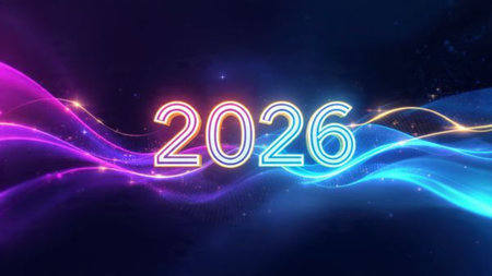 Premium 2026 greeting backdrop with minimal frost noise and cool sparkle accents.