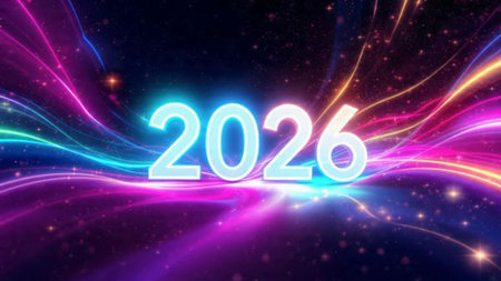 Luxury 2026 greeting design with soft ice shimmer mist and silver glow accents.