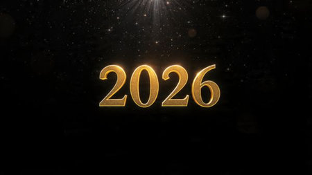Luxury 2026 New Year visual with smooth silver light trails and clean layout balance.