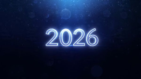 High-class 2026 New Year scene with icy sparkle particles and clean white background balance.
