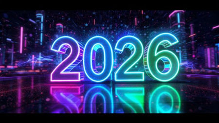 Elegant 2026 New Year greeting with ice-blue bokeh, smooth light spread, premium holiday aesthetic.