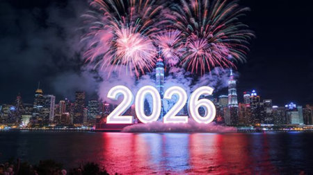 2026 luxury celebration backdrop with glassy reflections and subtle cool glow, modern festive...
