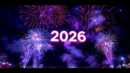 Premium 2026 greeting backdrop with minimal frost noise and cool sparkle accents.