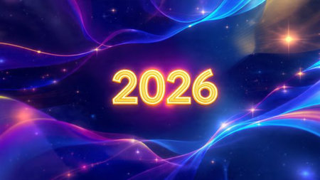 Premium 2026 greeting design with silver frost blur and calm winter glow mood.