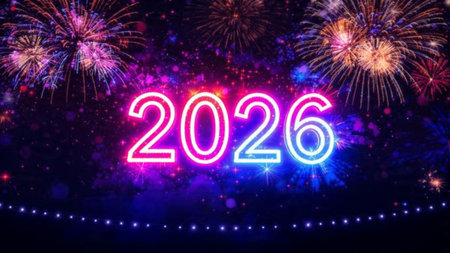Elegant 2026 celebration backdrop with pearl-silver frost arcs and minimal noise.