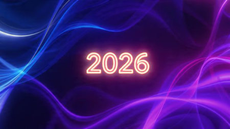 2026 luxury celebration backdrop with glassy reflections and subtle cool glow, modern festive...