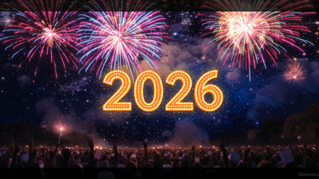 Elegant 2026 celebration visual with frozen sparkle particles and clean layout balance.