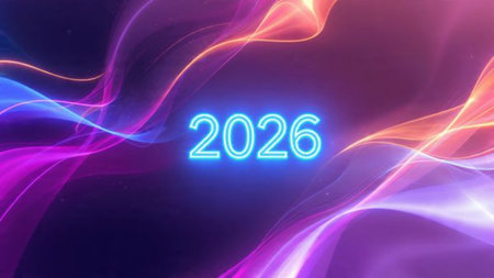 Elegant 2026 background with silver glow edges and minimal sparkle diffusion.