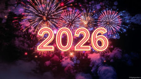 Premium 2026 greeting background with crisp frozen sparkle waves and minimal shadows.