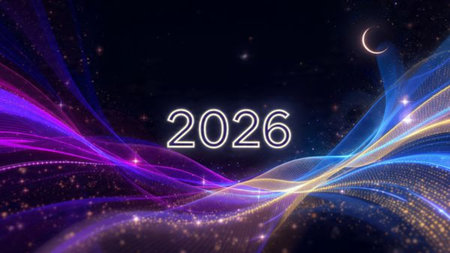 2026 premium celebration backdrop with soft glowing frost arcs and minimal noise.