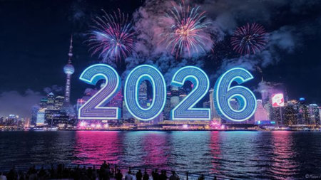 Luxury 2026 New Year scene with smooth glassy number reflections and refined white balance.