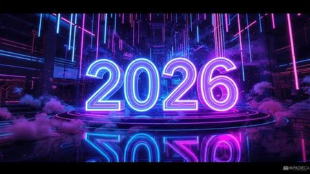 Elegant 2026 premium canvas with silver sparkle trails and soft cool glow.