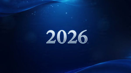 Luxury New Year 2026 backdrop with glossy ice-blue gradients and soft floating spark particles,...