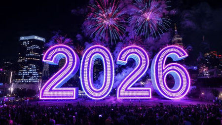Luxury 2026 greeting design with soft ice shimmer mist and silver glow accents.