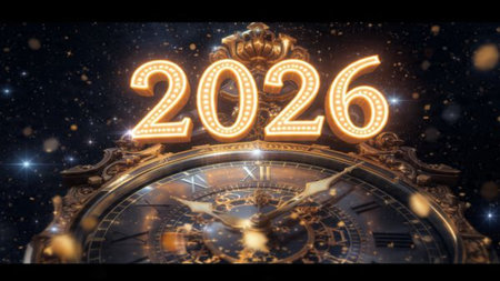 Premium 2026 New Year backdrop with smooth ice-glass reflections and calm winter mood.