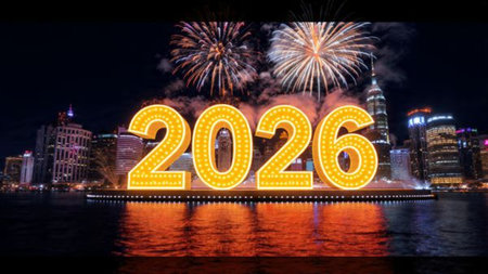 Premium 2026 New Year design with smooth ice-glass lighting reflections, elegant winter palette.