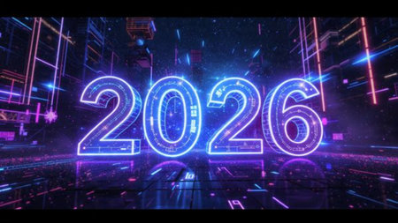 Elegant 2026 premium canvas with silver sparkle trails and soft cool glow.