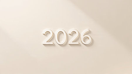 Luxury 2026 New Year scene with smooth glassy reflections and refined white balance.
