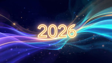 Classy 2026 typography background with frosted ornament edges, icy reflections, luxury festive mood.