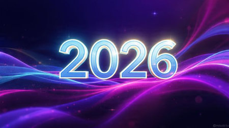 Luxury New Year 2026 background with silver clock silhouette, midnight glow, and soft frost...